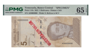 VENEZUELA, 5 Bolívares Digitales, Abril-29-2021, Serie A8, PMG65 EPQ.  **MUESTRA SIN VALOR**