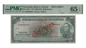 VENEZUELA, 20 Bolívares, 1960-1966, Serie X7, PMG65-EPQ.  **ESPECIMEN**