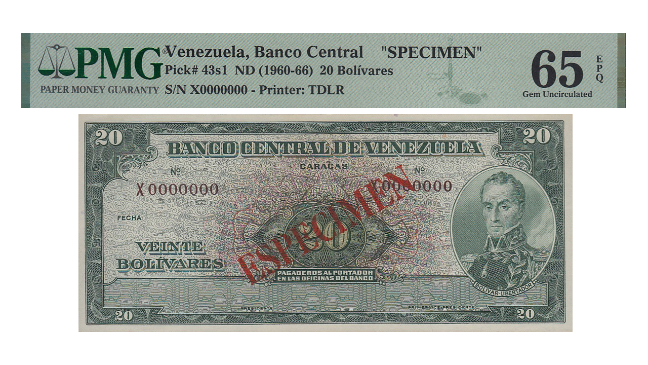 VENEZUELA, 20 Bolívares, 1960-1966, Serie X7, PMG65-EPQ. **ESPECIMEN**