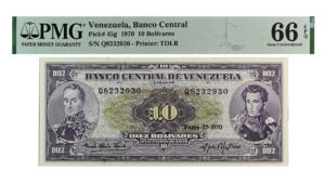 VENEZUELA, 10 Bolívares, Enero-27-1970, Serie Q7, PMG66-EPQ