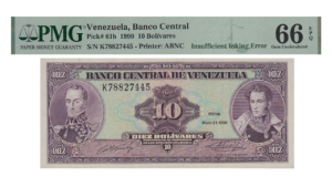 VENEZUELA, 10 Bolívares, Mayo-31-1990, Serie K8, PMG67-EPQ.  **ERROR DE IMPRESION**