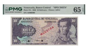 VENEZUELA, 10 Bolívares, Enero-29-1980, Serie A7, PMG65-EPQ.  **MUESTRA / CONMEMORATIVO**