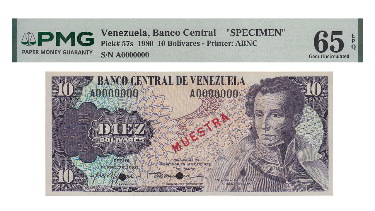 VENEZUELA, 10 Bolívares, Enero-29-1980, Serie A7, PMG65-EPQ. **MUESTRA / CONMEMORATIVO**