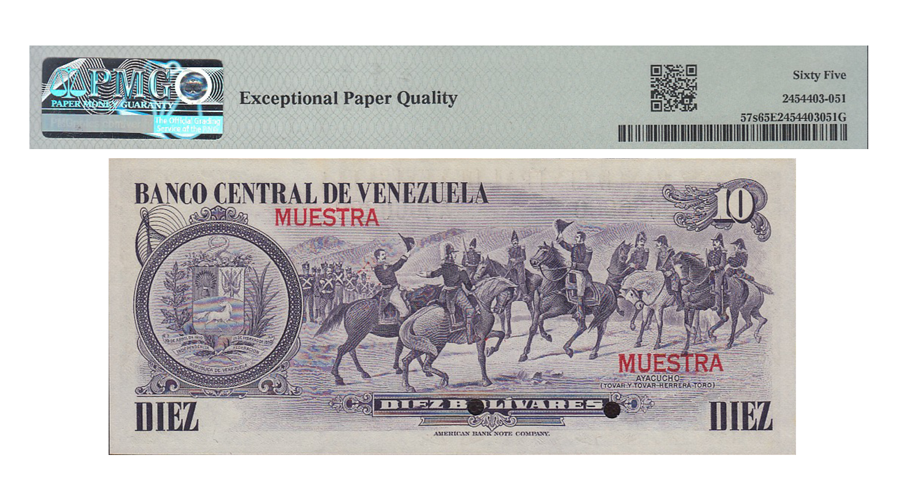 VENEZUELA, 10 Bolívares, Enero-29-1980, Serie A7, PMG65-EPQ. **MUESTRA / CONMEMORATIVO** - Imagen 2