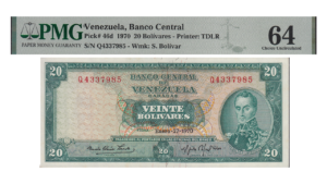 VENEZUELA, 20 Bolívares, Enero-27-1970, Serie Q7, PMG64.