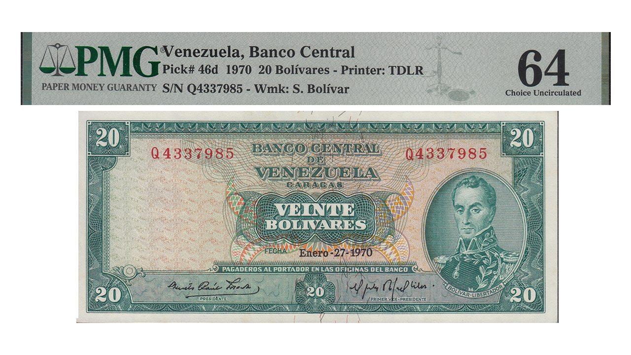 VENEZUELA, 20 Bolívares, Enero-27-1970, Serie Q7, PMG64.