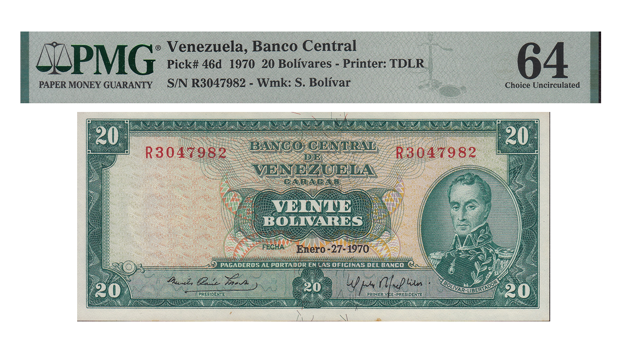 VENEZUELA, 20 Bolívares, Enero-27-1970, Serie R7, PMG64. Choice Uncirculated.