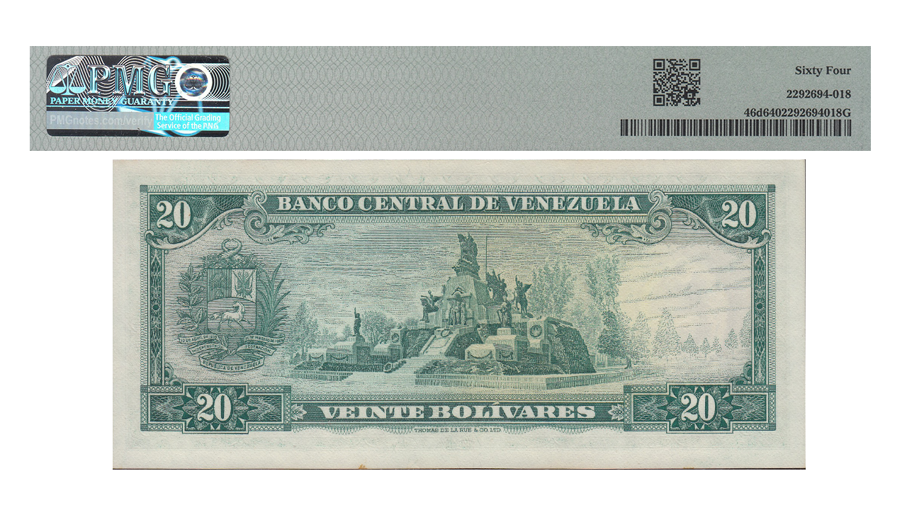 VENEZUELA, 20 Bolívares, Enero-27-1970, Serie R7, PMG64. Choice Uncirculated. - Imagen 2
