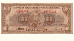 VENEZUELA, 100 Bolívares, Agosto-8-1957, Serie H7, VF.  **CHOCOLATE**