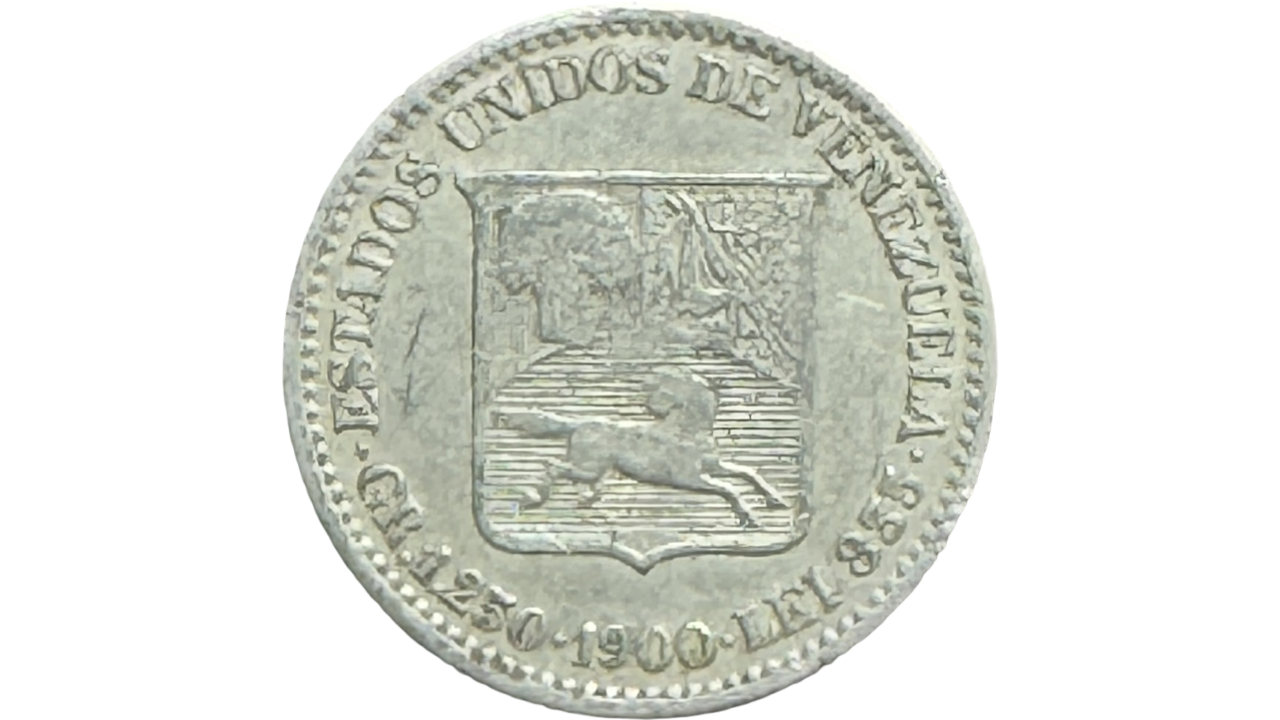 EE.UU. DE VENEZUELA, ¼ Bolívar, 1900, XF. **25 CÉNTIMOS o MEDIO**