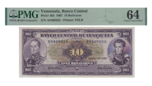 VENEZUELA, 10 Bolívares , Agosto-8-1967, Serie A7, PMG-64.