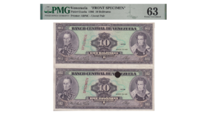 VENEZUELA, 10 Bolívares, Marzo-18-1986, PMG63.  **SPECIMEN** **SET DE DOS PIEZAS SIN CORTAR**