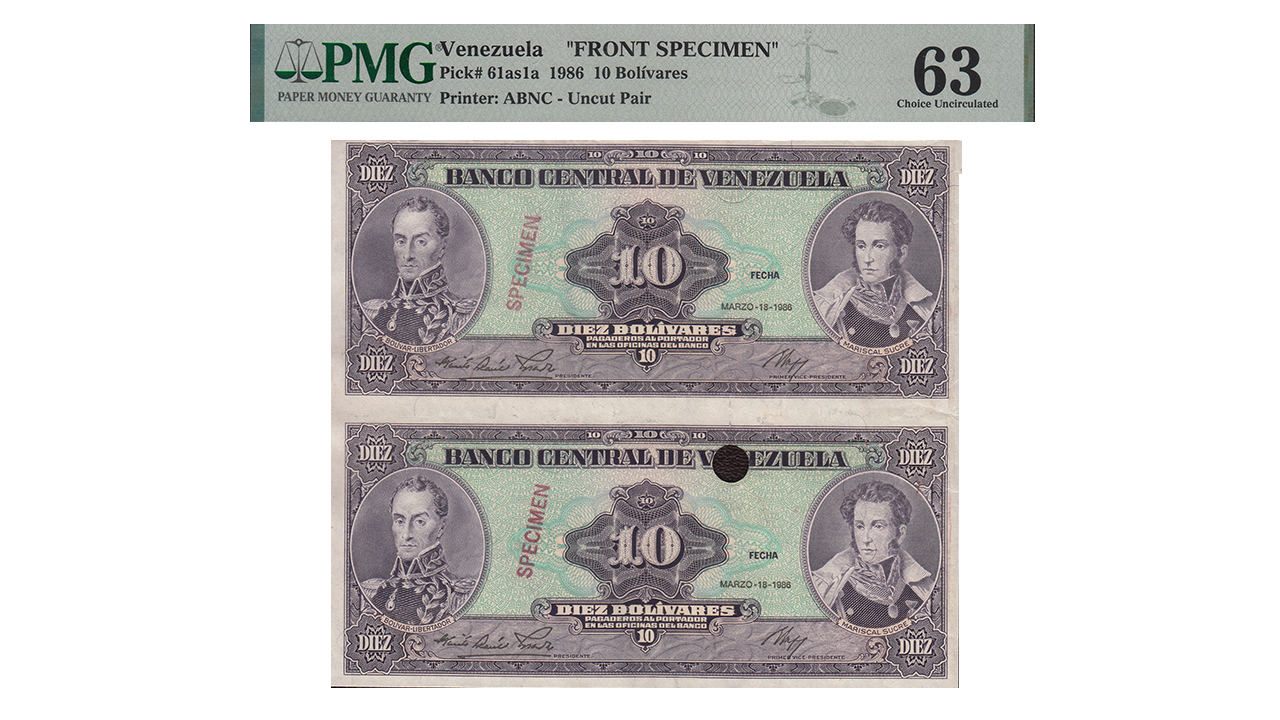 VENEZUELA, 10 Bolívares, Marzo-18-1986, PMG63. **SPECIMEN** **SET DE DOS PIEZAS SIN CORTAR**