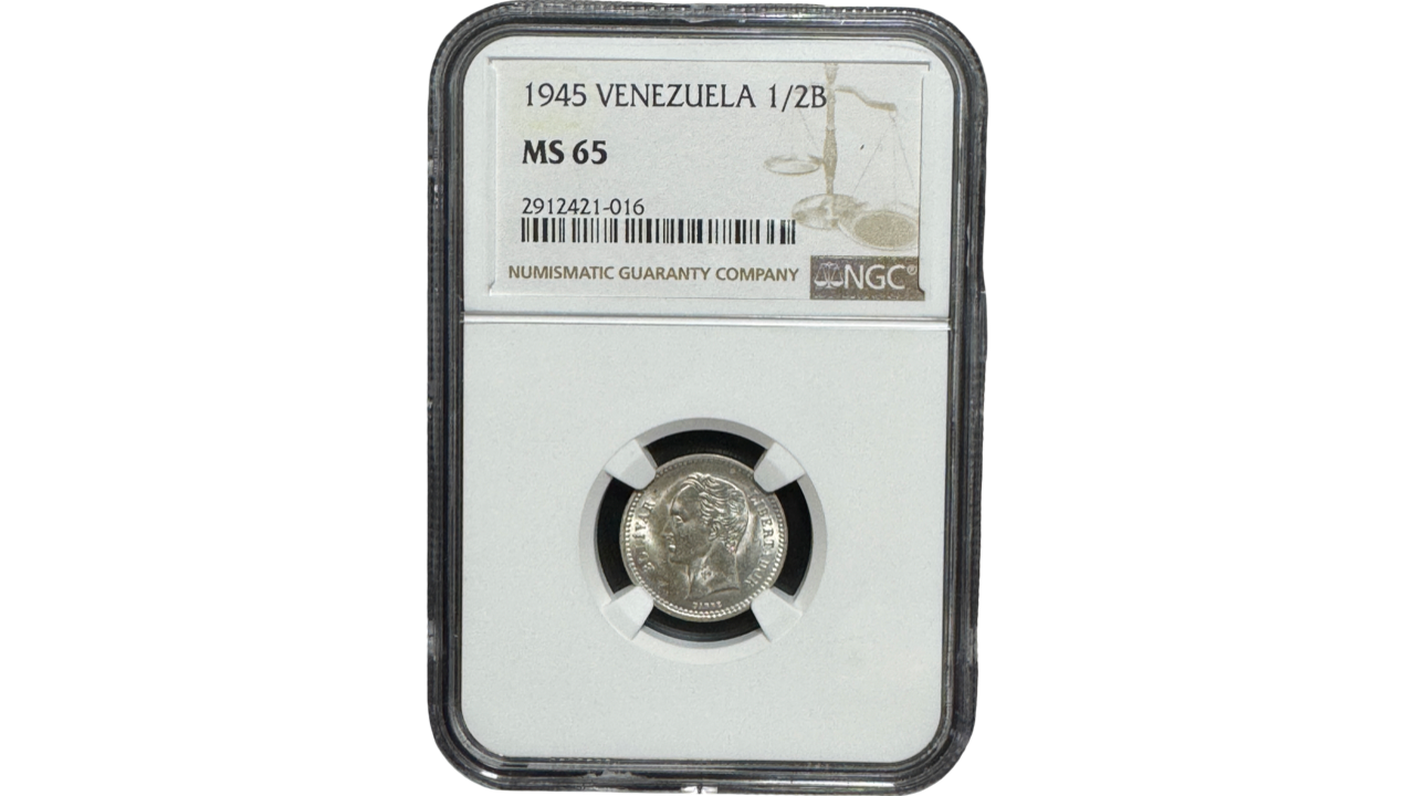 EE.UU. DE VENEZUELA, 1/2 Bolivar, 1945, NGC MS65. **REAL**