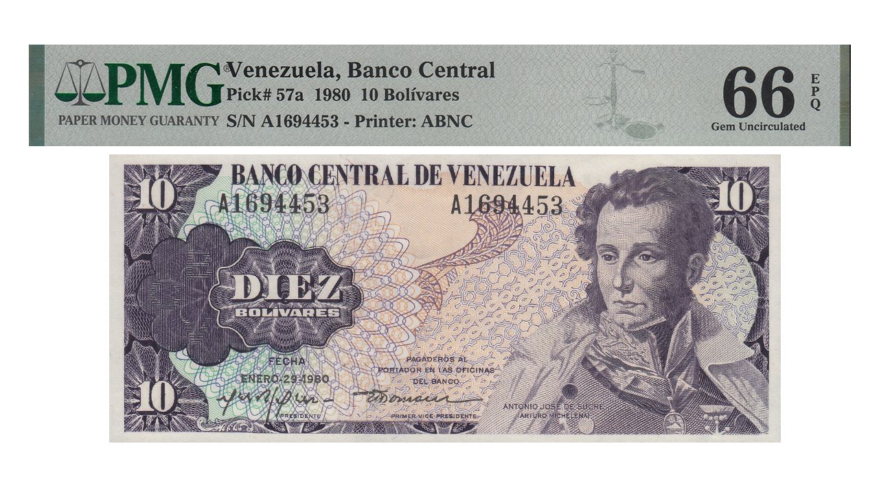 VENEZUELA, 10 Bolívares, Enero-29-1980, Serie A7, PMG66-EPQ. **CONMEMORATIVO**