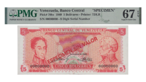 VENEZUELA, 5 Bolívares, Septiembre-21-1989, PMG67-EPQ.  **ESPECIMEN SIN VALOR**