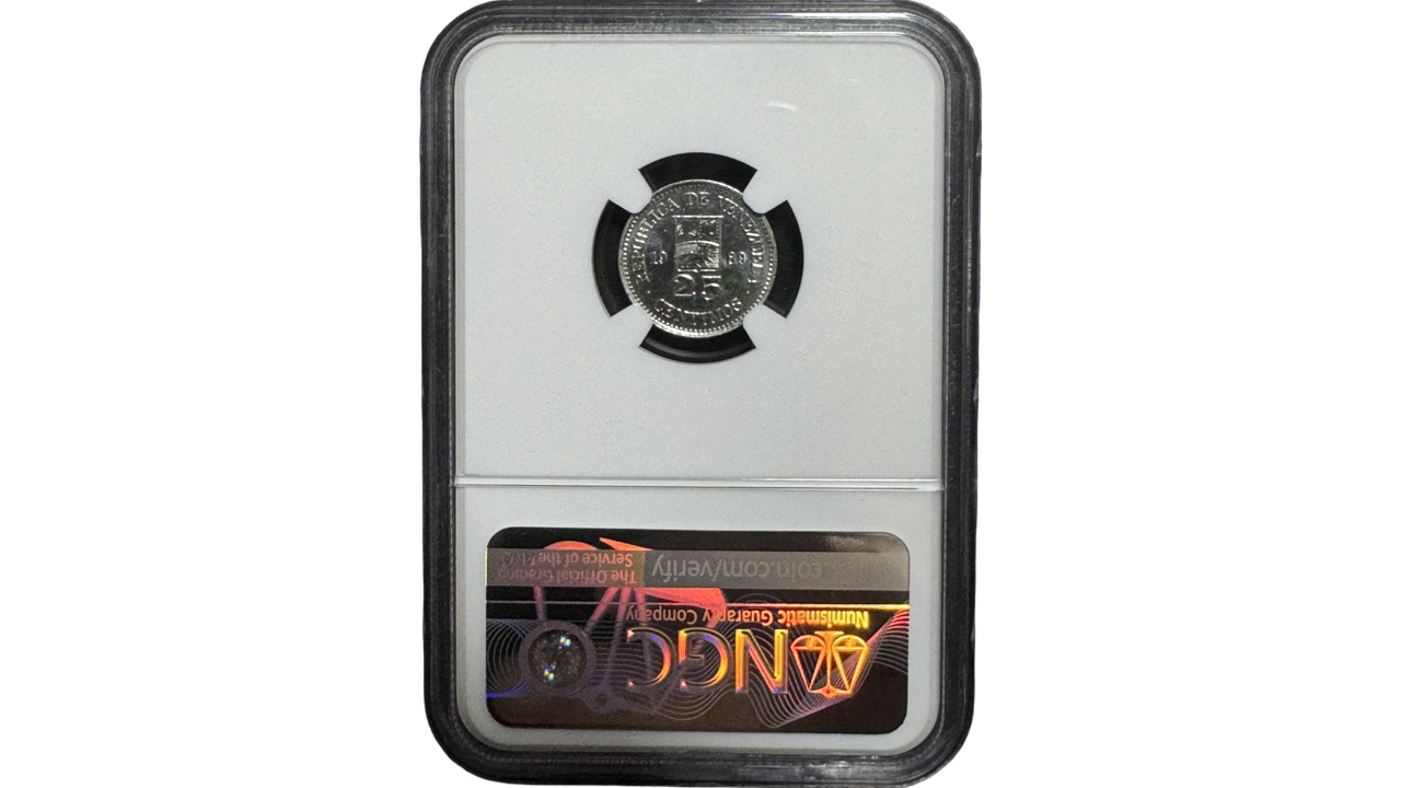 VENEZUELA, 25 Centimos, 1989, NGC MS66. **25 CENTIMOS o MEDIO** - Imagen 2