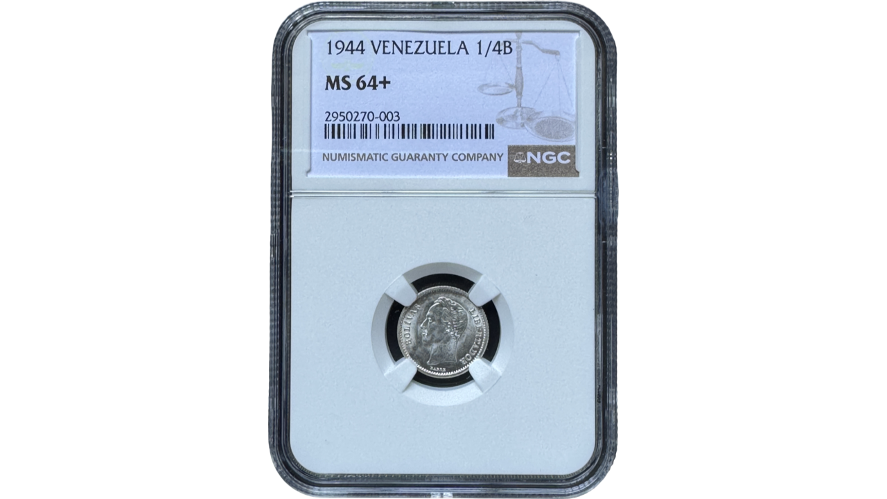 EE.UU. DE VENEZUELA, ¼ Bolívar, 1944, NGC MS64+. **25 CENTIMOS O MEDIO**