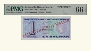 VENEZUELA, 1 Bolívar, Octubre-5-1989, Serie X8, PMG66-EPQ.  **TINOQUITO / MUESTRA**