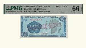 VENEZUELA, 2 Bolívares, Octubre-5-1989, Serie AA7, PMG66-EPQ.  **TINOQUITO / SPECIMEN**