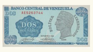 VENEZUELA, 2 Bolívares, Octubre-5-1989, Serie AE7, UNC.  **TINOQUITO**