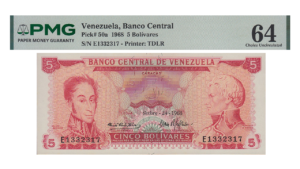 VENEZUELA, 5 Bolívares, Septiembre-24-1968, Serie E7, PMG64.
