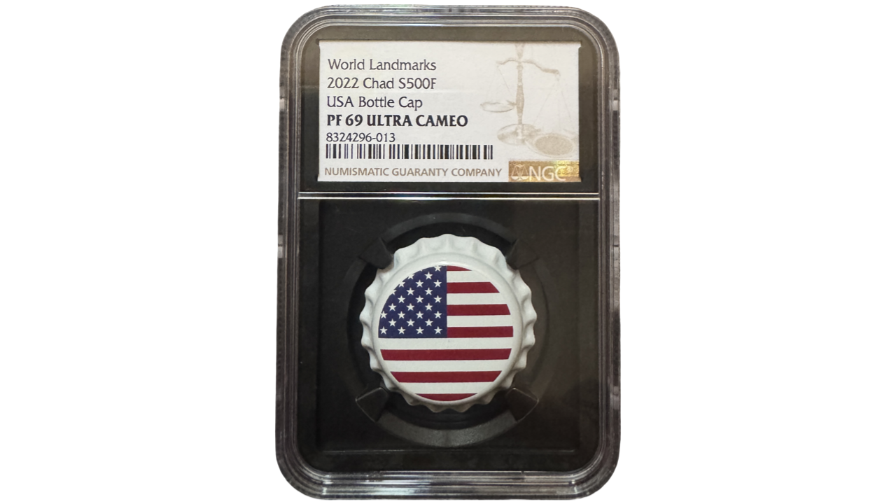 CHAD, 500 Francs, 2022, NGC PF69. **SERIE: WORLD LANDMARKS; EE.UU.**