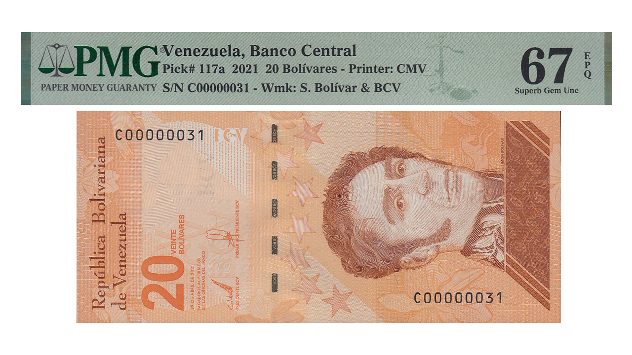 VENEZUELA, 20 Bolívares Digitales, Abril-29-2021, Serie X8, PMG67 EPQ. **SERIAL BAJO 00000031**