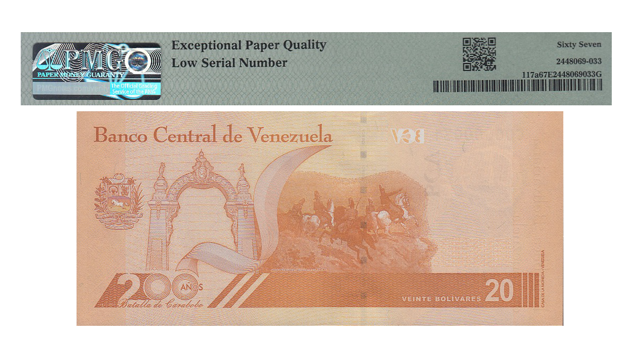 VENEZUELA, 20 Bolívares Digitales, Abril-29-2021, Serie X8, PMG67 EPQ. **SERIAL BAJO 00000031** - Imagen 2
