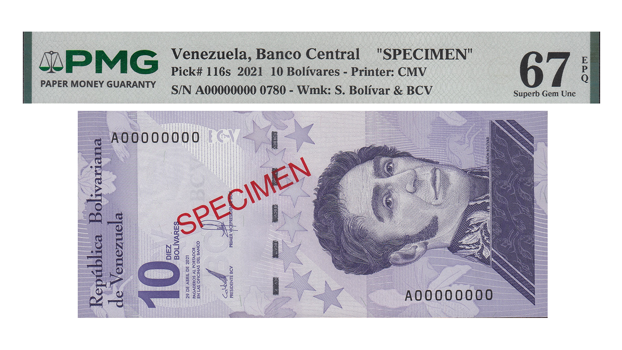 VENEZUELA, 10 Bolívares Digitales, Abril-29-2021, Serie A8, PMG67 EPQ. **SPECIMEN**