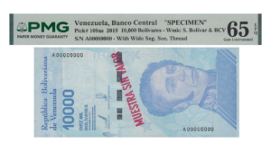 VENEZUELA, 10.000 Bs. Soberanos, Ene-22-2019, Serie A8, PMG65-EPQ.  **MUESTRA SIN VALOR**