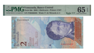 VENEZUELA, 2 Bolívares Fuertes, Diciembre-19-2008, Serie F8, PMG65-EPQ.  **CAPICUA O RADAR**