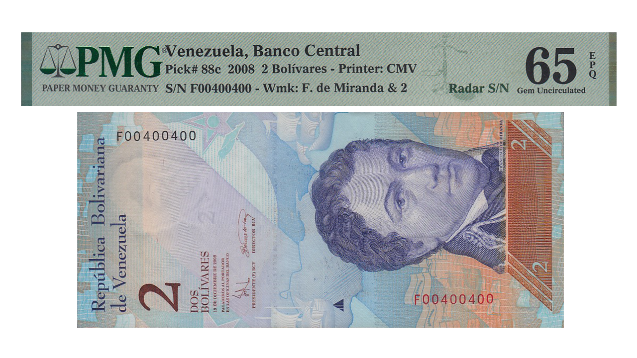 VENEZUELA, 2 Bolívares Fuertes, Diciembre-19-2008, Serie F8, PMG65-EPQ. **CAPICUA O RADAR**