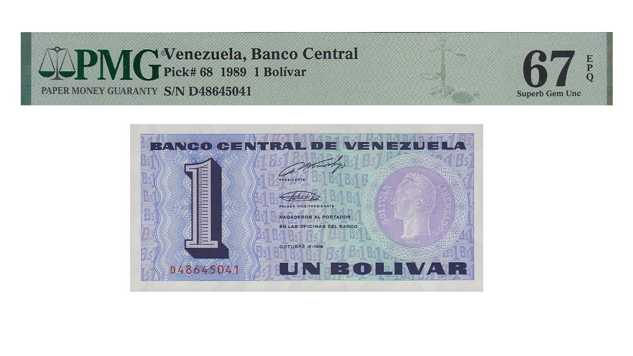 VENEZUELA, 1 Bolívar, Octubre-5-1989, Serie D8, PMG67-EPQ. **TINOQUITO**