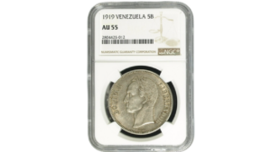 VENEZUELA, 5 Bolívares, 1919, NGC AU55.  **FUERTE**