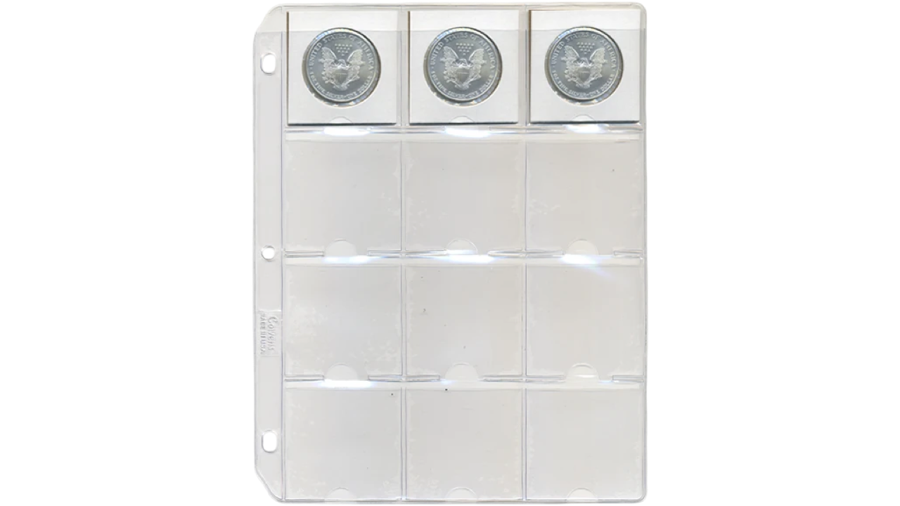 COWENS, Hojas De Vinilo de 12 Bolsillos Para Monedas en Flips de Carton 2,5 x 2,5