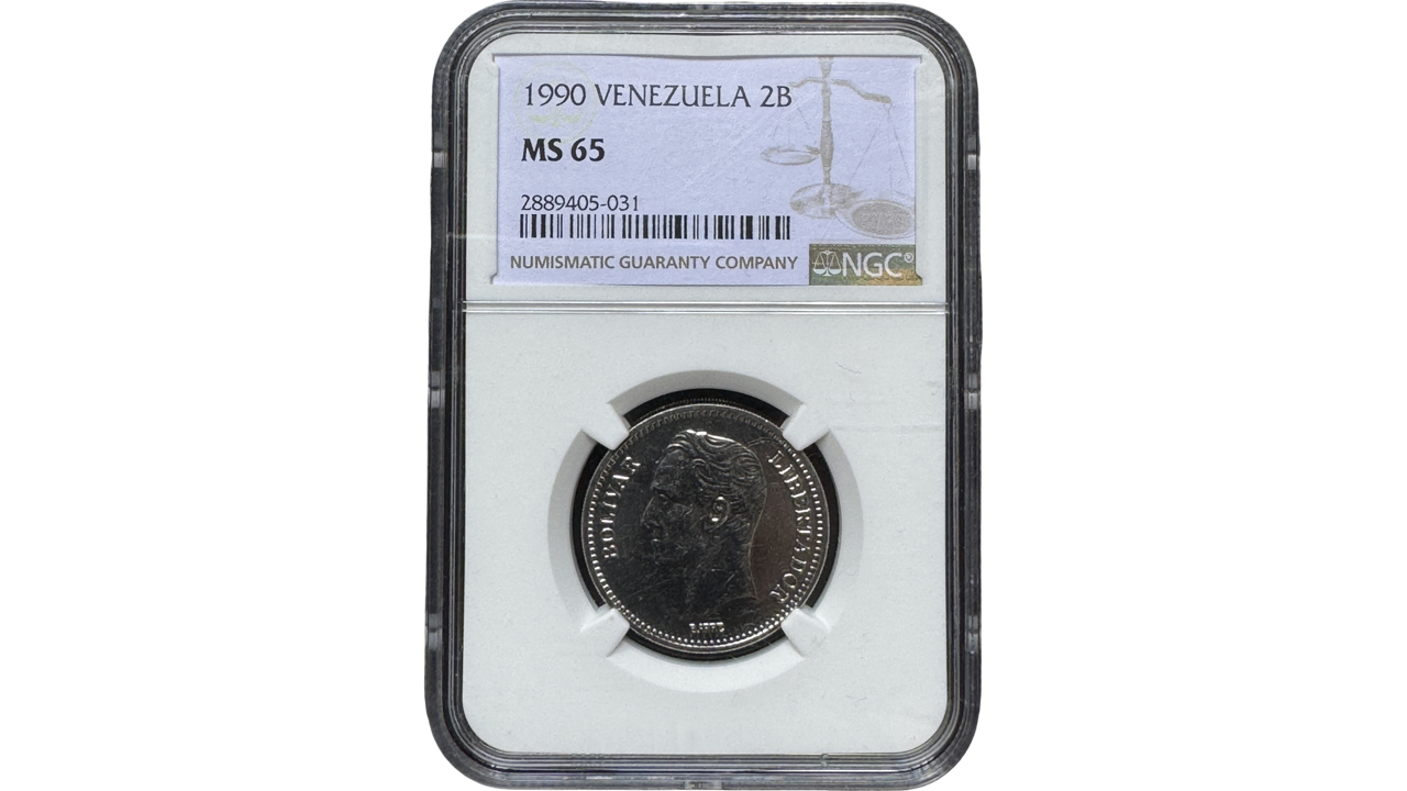 VENEZUELA, 2 Bolivares, 1990, NGC MS65. **SEGUNDO MEJOR GRADO**