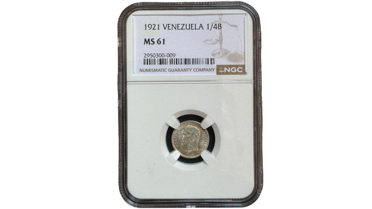 EE.UU. DE VENEZUELA, ¼ Bolivar, 1921, NGC MS61. **25 CÉNTIMOS o MEDIO**